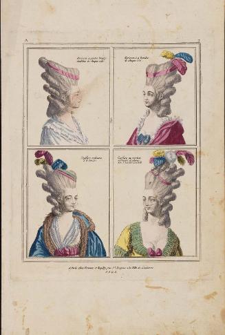 Gallerie des Modes et Costumes Français. 1ere Suite des Costumes François pour les Coiffures depuis 1776.  A.2 (duplicate) "Herisson à quatre boucles doubleés de chaque còté..."