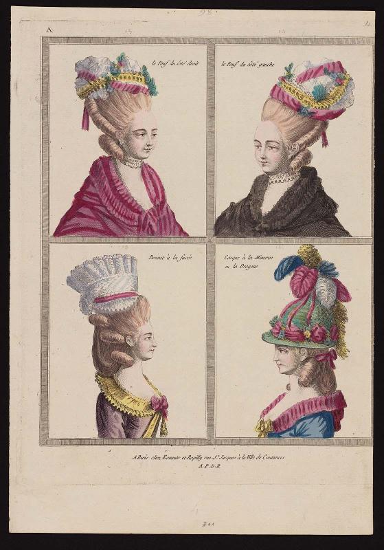 Gallerie des Modes et Costumes Français. 1ere Suite des Costumes François pour les Coiffures depuis 1776.  A.4 "le Pouf du côté droit..."