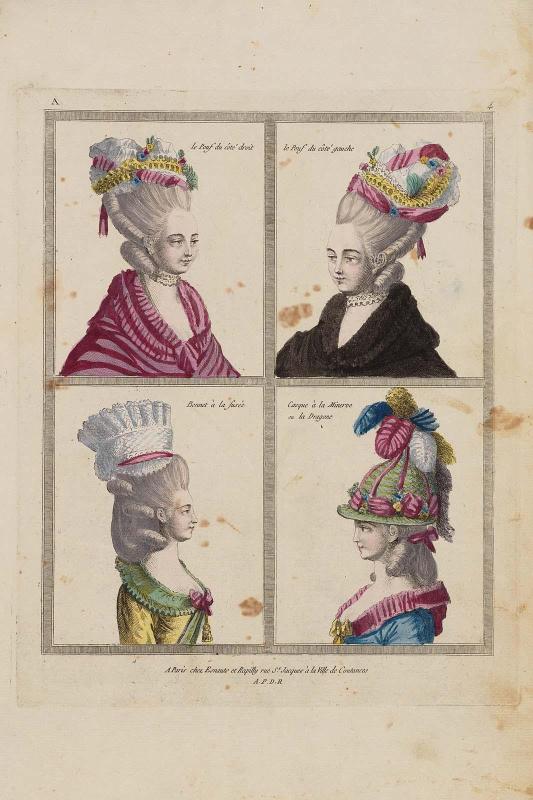 Gallerie des Modes et Costumes Français. 1ere Suite des Costumes François pour les Coiffures depuis 1776.  A.4 (duplicate) "le Pouf du côté droit..."