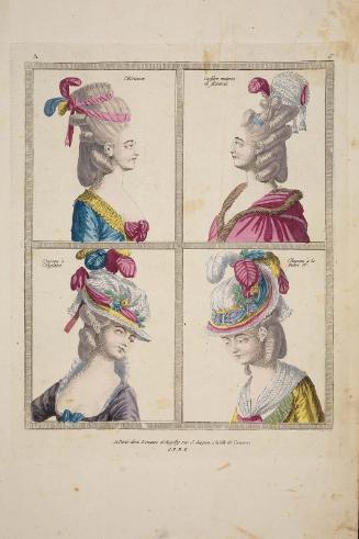 Gallerie des Modes et Costumes Français. 1ere Suite des Costumes François pour les Coiffures depuis 1776.  A.6 "l'Hérisson..."