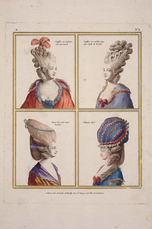 Gallerie des Modes et Costumes Français. 2e. Cahier des Nouveaux Costumes Français pour les Coeffures.  B.8 "Coeffure en rouleaux avec une boucle..."