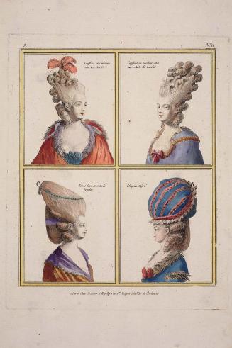 Gallerie des Modes et Costumes Français. 2e. Cahier des Nouveaux Costumes Français pour les Coeffures.  B.8 "Coeffure en rouleaux avec une boucle..."