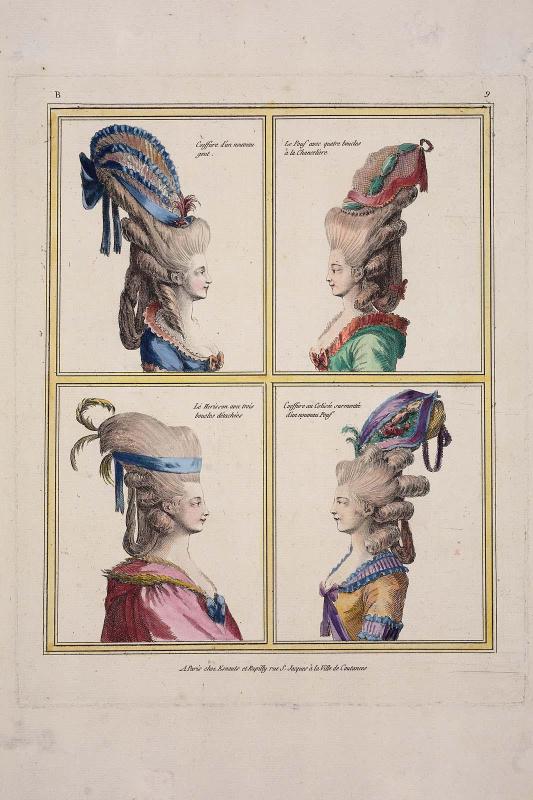 Gallerie des Modes et Costumes Français. 2e. Cahier des Nouveaux Costumes Français pour les Coeffures.  B.9 "Coeffure d'un nouveau gout..."