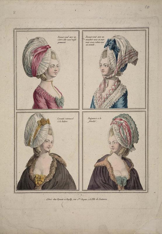 Gallerie des Modes et Costumes Français. 2e. Cahier des Nouveaux Costumes Français pour les Coeffures.  B.10 "Bonnet rond avec un Serre-tête noué négligemment..."