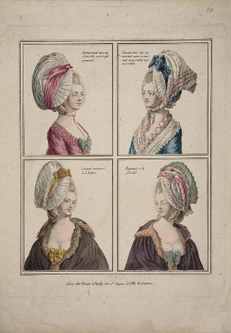 Gallerie des Modes et Costumes Français. 2e. Cahier des Nouveaux Costumes Français pour les Coeffures.  B.10 "Bonnet rond avec un Serre-tête noué négligemment..."