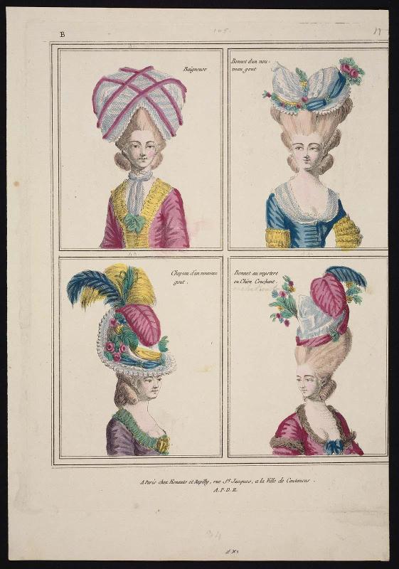 Gallerie des Modes et Costumes Français. 2e. Cahier des Nouveaux Costumes Français pour les Coeffures.  B.11 "Baigneuse, Bonnet dun nouveau gout..."