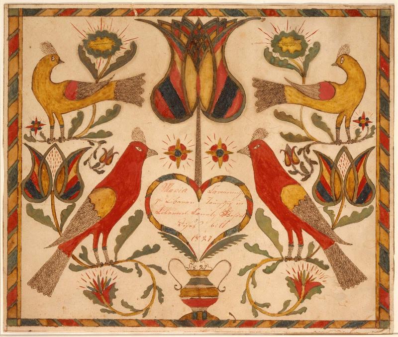 Horizontal panel of birds and tulips
