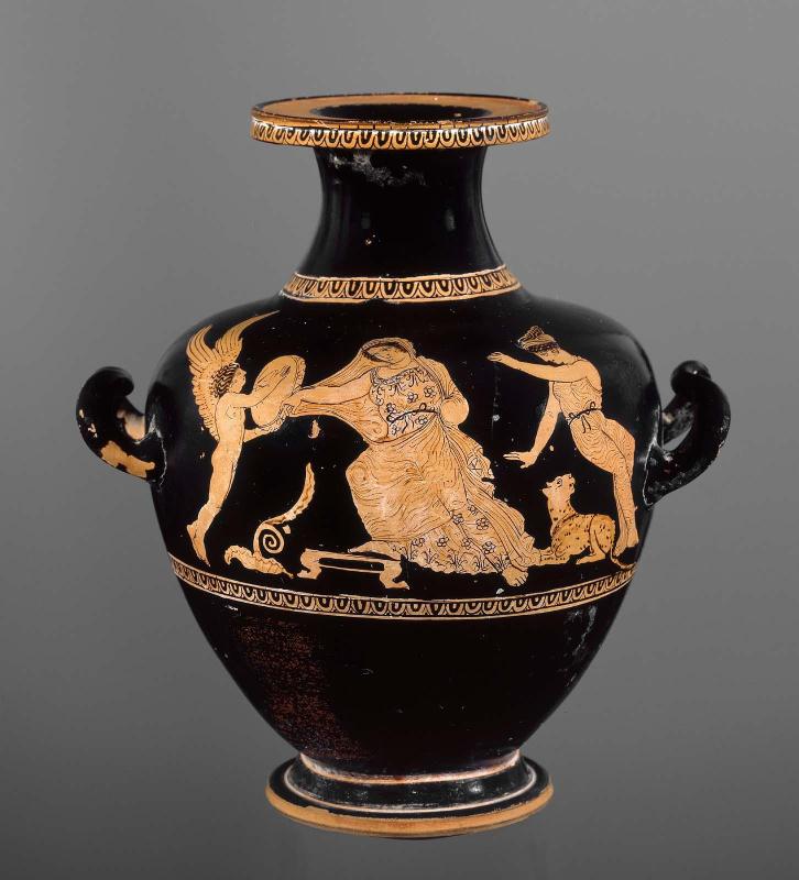 Water jar (hydria) depicting Eros, a woman, and a young girl playing with a panther