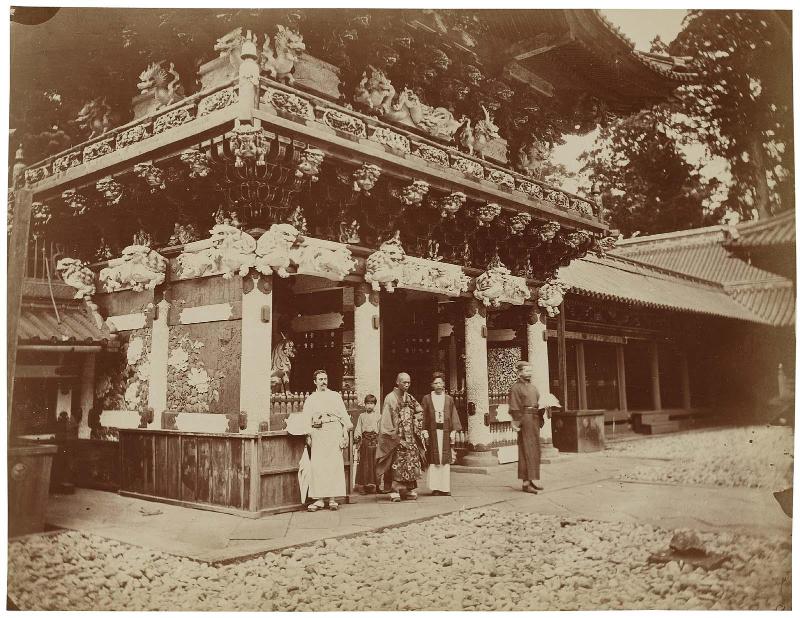 Western Travelers with the Head Priest of Mangan-ji at the Yomeimon, Toshogu Shrine, Nikko