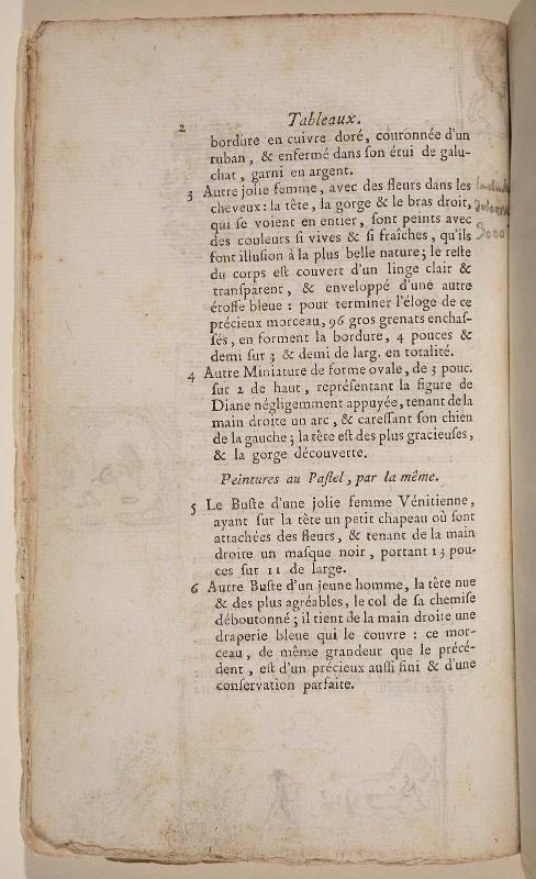 Page 2. Basan. Catalogue Raisonné des différens objets de curiosités dans les sciences et arts, qui composaient le Cabinet de feu Mr Mariette. (Paris: chez l'Auteur et chez Desprez, 1775); G. de St. Aubin original drawings in the margin.