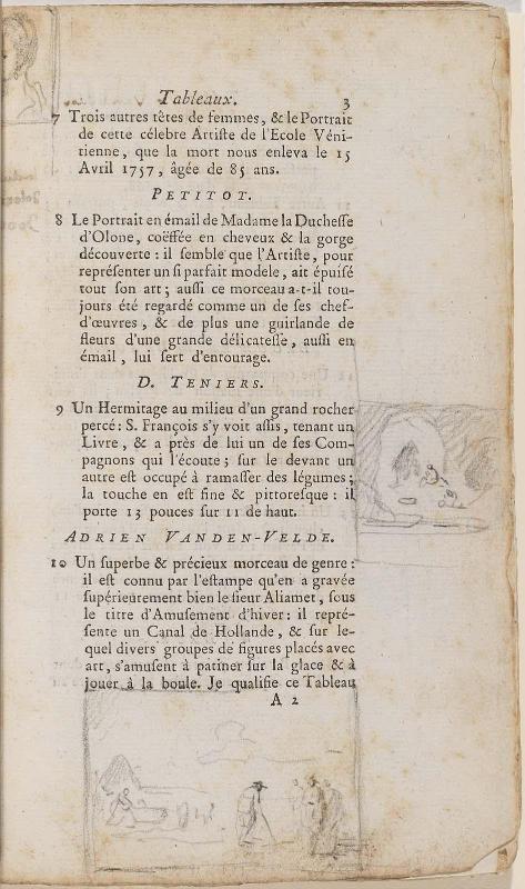 Page 3. Basan. Catalogue Raisonné des différens objets de curiosités dans les sciences et arts, qui composaient le Cabinet de feu Mr Mariette. (Paris: chez l'Auteur et chez Desprez, 1775); G. de St. Aubin original drawings in the margin.