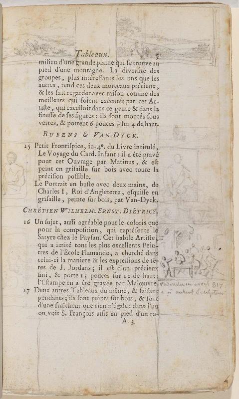 Page 5. Basan. Catalogue Raisonné des différens objets de curiosités dans les sciences et arts, qui composaient le Cabinet de feu Mr Mariette. (Paris: chez l'Auteur et chez Desprez, 1775); G. de St. Aubin original drawings in the margin.