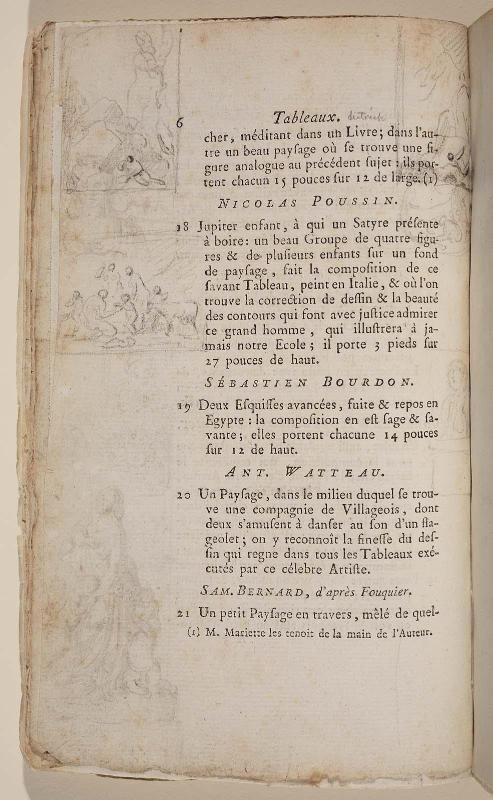 Page 6. Basan. Catalogue Raisonné des différens objets de curiosités dans les sciences et arts, qui composaient le Cabinet de feu Mr Mariette. (Paris: chez l'Auteur et chez Desprez, 1775); G. de St. Aubin original drawings in the margin.