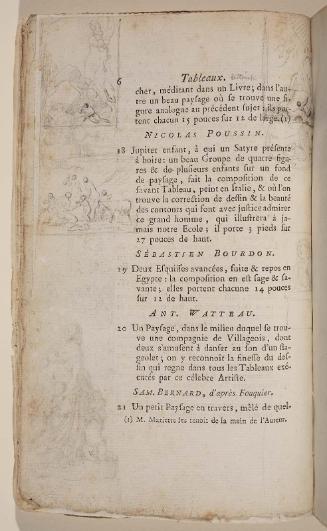 Page 6. Basan. Catalogue Raisonné des différens objets de curiosités dans les sciences et arts, qui composaient le Cabinet de feu Mr Mariette. (Paris: chez l'Auteur et chez Desprez, 1775); G. de St. Aubin original drawings in the margin.