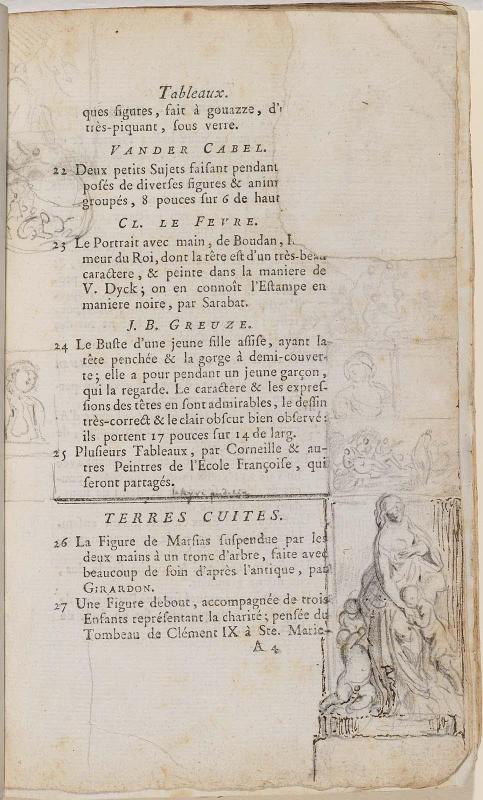 Page 7. Basan. Catalogue Raisonné des différens objets de curiosités dans les sciences et arts, qui composaient le Cabinet de feu Mr Mariette. (Paris: chez l'Auteur et chez Desprez, 1775); G. de St. Aubin original drawings in the margin.