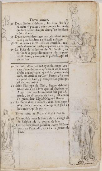 Page 9. Basan. Catalogue Raisonné des différens objets de curiosités dans les sciences et arts, qui composaient le Cabinet de feu Mr Mariette. (Paris: chez l'Auteur et chez Desprez, 1775); G. de St. Aubin original drawings in the margin.