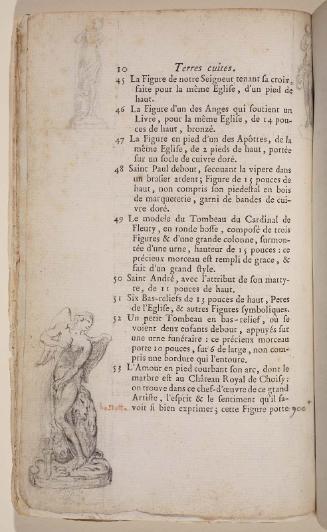 Page 10. Basan. Catalogue Raisonné des différens objets de curiosités dans les sciences et arts, qui composaient le Cabinet de feu Mr Mariette. (Paris: chez l'Auteur et chez Desprez, 1775); G. de St. Aubin original drawings in the margin.