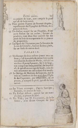 Page 11. Basan. Catalogue Raisonné des différens objets de curiosités dans les sciences et arts, qui composaient le Cabinet de feu Mr Mariette. (Paris: chez l'Auteur et chez Desprez, 1775); G. de St. Aubin original drawings in the margin.