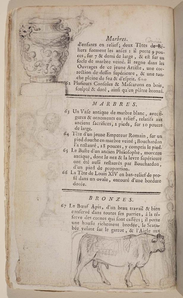 Page 12. Basan. Catalogue Raisonné des différens objets de curiosités dans les sciences et arts, qui composaient le Cabinet de feu Mr Mariette. (Paris: chez l'Auteur et chez Desprez, 1775); G. de St. Aubin original drawings in the margin.