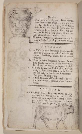 Page 12. Basan. Catalogue Raisonné des différens objets de curiosités dans les sciences et arts, qui composaient le Cabinet de feu Mr Mariette. (Paris: chez l'Auteur et chez Desprez, 1775); G. de St. Aubin original drawings in the margin.