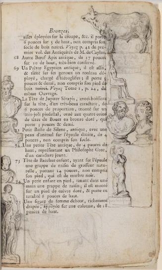 Page 13. Basan. Catalogue Raisonné des différens objets de curiosités dans les sciences et arts, qui composaient le Cabinet de feu Mr Mariette. (Paris: chez l'Auteur et chez Desprez, 1775); G. de St. Aubin original drawings in the margin.