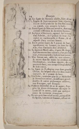 Page 14. Basan. Catalogue Raisonné des différens objets de curiosités dans les sciences et arts, qui composaient le Cabinet de feu Mr Mariette. (Paris: chez l'Auteur et chez Desprez, 1775); G. de St. Aubin original drawings in the margin.