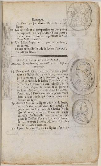 Page 15. Basan. Catalogue Raisonné des différens objets de curiosités dans les sciences et arts, qui composaient le Cabinet de feu Mr Mariette. (Paris: chez l'Auteur et chez Desprez, 1775); G. de St. Aubin original drawings in the margin.