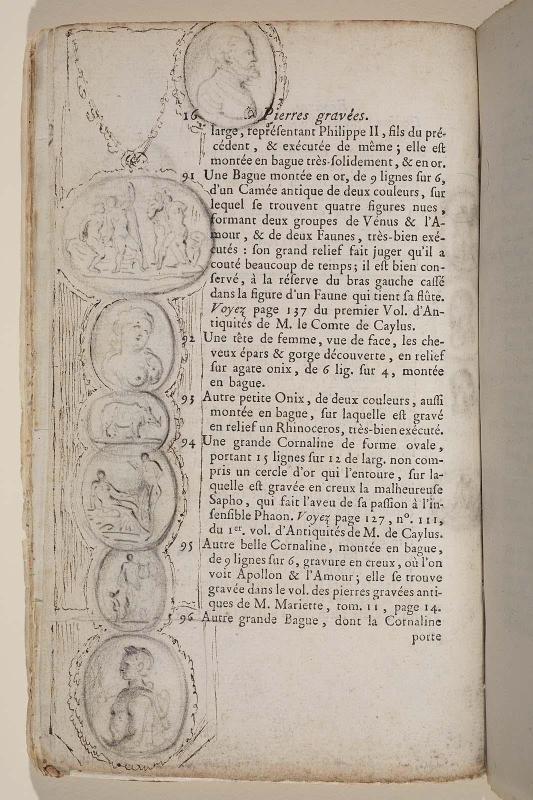 Page 16. Basan. Catalogue Raisonné des différens objets de curiosités dans les sciences et arts, qui composaient le Cabinet de feu Mr Mariette. (Paris: chez l'Auteur et chez Desprez, 1775); G. de St. Aubin original drawings in the margin.