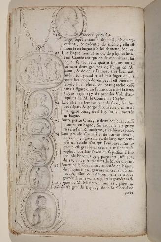 Page 16. Basan. Catalogue Raisonné des différens objets de curiosités dans les sciences et arts, qui composaient le Cabinet de feu Mr Mariette. (Paris: chez l'Auteur et chez Desprez, 1775); G. de St. Aubin original drawings in the margin.