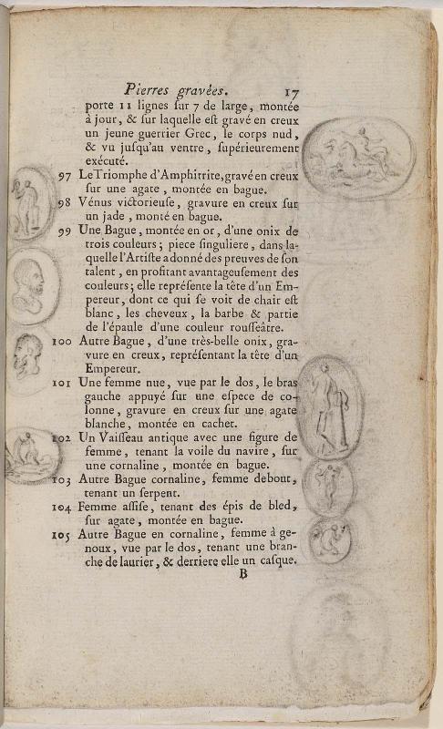Page 17. Basan. Catalogue Raisonné des différens objets de curiosités dans les sciences et arts, qui composaient le Cabinet de feu Mr Mariette. (Paris: chez l'Auteur et chez Desprez, 1775); G. de St. Aubin original drawings in the margin.