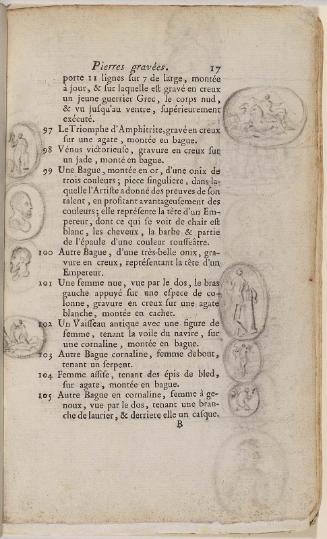 Page 17. Basan. Catalogue Raisonné des différens objets de curiosités dans les sciences et arts, qui composaient le Cabinet de feu Mr Mariette. (Paris: chez l'Auteur et chez Desprez, 1775); G. de St. Aubin original drawings in the margin.