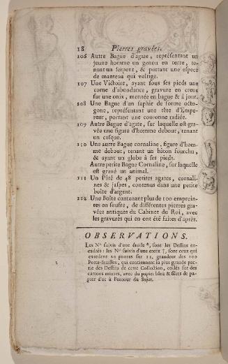 Page 18. Basan. Catalogue Raisonné des différens objets de curiosités dans les sciences et arts, qui composaient le Cabinet de feu Mr Mariette. (Paris: chez l'Auteur et chez Desprez, 1775); G. de St. Aubin original drawings in the margin.