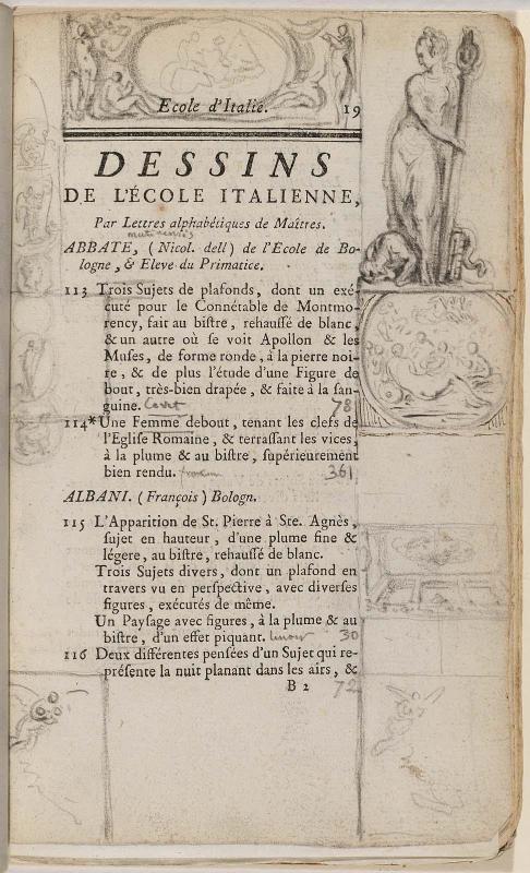 Page 19. Basan. Catalogue Raisonné des différens objets de curiosités dans les sciences et arts, qui composaient le Cabinet de feu Mr Mariette. (Paris: chez l'Auteur et chez Desprez, 1775); G. de St. Aubin original drawings in the margin.