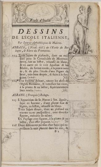 Page 19. Basan. Catalogue Raisonné des différens objets de curiosités dans les sciences et arts, qui composaient le Cabinet de feu Mr Mariette. (Paris: chez l'Auteur et chez Desprez, 1775); G. de St. Aubin original drawings in the margin.