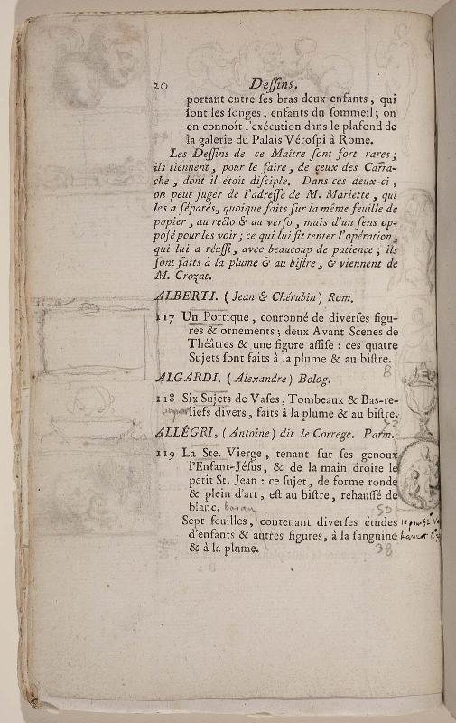Page 20. Basan. Catalogue Raisonné des différens objets de curiosités dans les sciences et arts, qui composaient le Cabinet de feu Mr Mariette. (Paris: chez l'Auteur et chez Desprez, 1775); G. de St. Aubin original drawings in the margin.