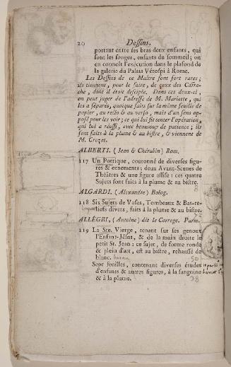 Page 20. Basan. Catalogue Raisonné des différens objets de curiosités dans les sciences et arts, qui composaient le Cabinet de feu Mr Mariette. (Paris: chez l'Auteur et chez Desprez, 1775); G. de St. Aubin original drawings in the margin.