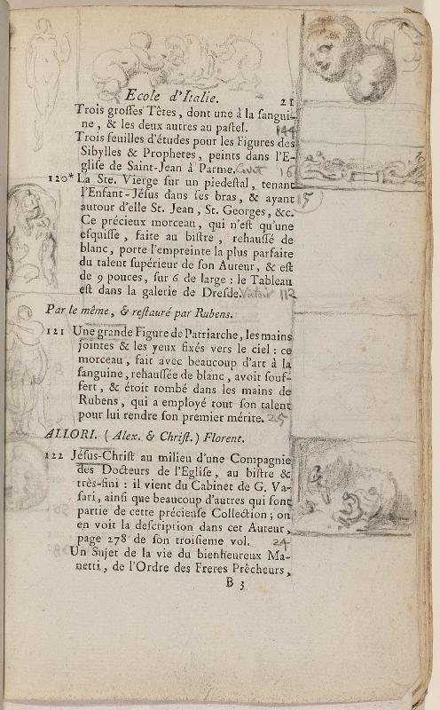 Page 21. Basan. Catalogue Raisonné des différens objets de curiosités dans les sciences et arts, qui composaient le Cabinet de feu Mr Mariette. (Paris: chez l'Auteur et chez Desprez, 1775); G. de St. Aubin original drawings in the margin.