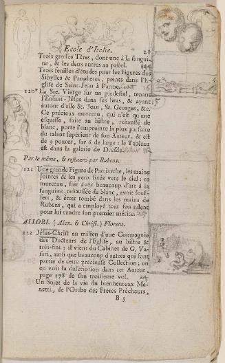 Page 21. Basan. Catalogue Raisonné des différens objets de curiosités dans les sciences et arts, qui composaient le Cabinet de feu Mr Mariette. (Paris: chez l'Auteur et chez Desprez, 1775); G. de St. Aubin original drawings in the margin.