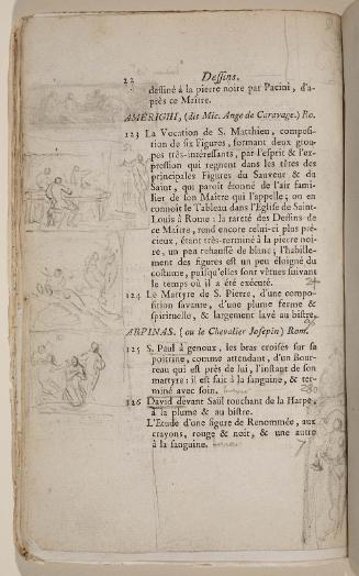 Page 22. Basan. Catalogue Raisonné des différens objets de curiosités dans les sciences et arts, qui composaient le Cabinet de feu Mr Mariette. (Paris: chez l'Auteur et chez Desprez, 1775); G. de St. Aubin original drawings in the margin.