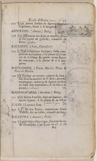 Page 23. Basan. Catalogue Raisonné des différens objets de curiosités dans les sciences et arts, qui composaient le Cabinet de feu Mr Mariette. (Paris: chez l'Auteur et chez Desprez, 1775); G. de St. Aubin original drawings in the margin.