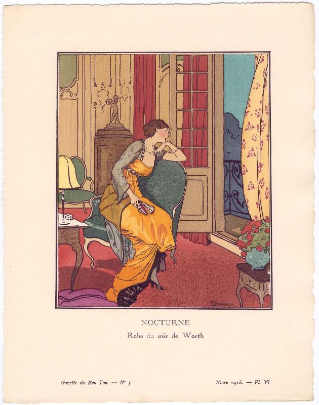 "Nocturne - Robe du soir de Worth," plate VI from Gazette du Bon Ton, Volume 1, No. 5