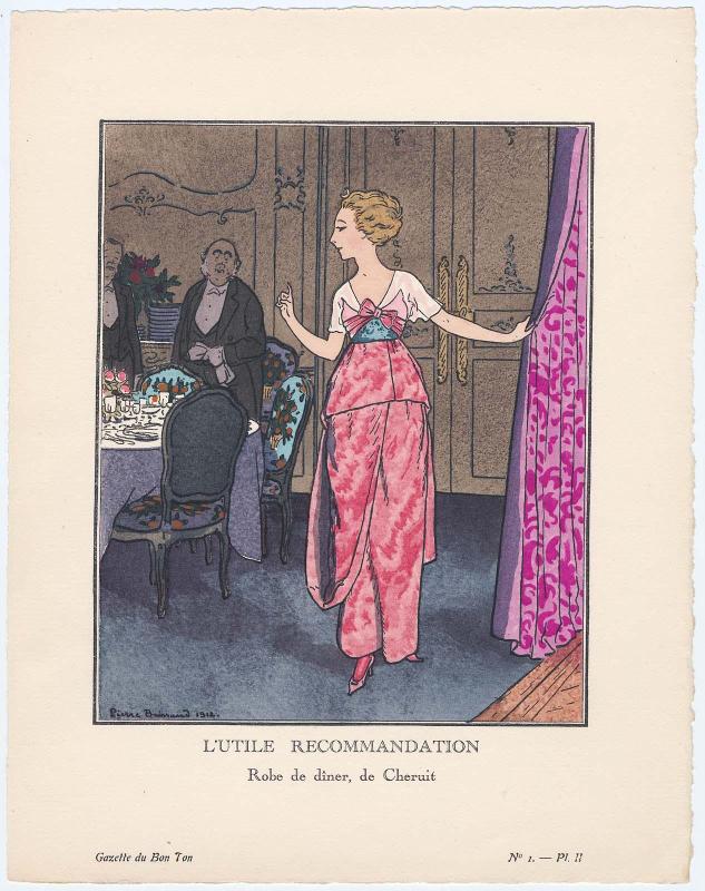 "L'Utile Recommandation - Robe de dîner, de Cheruit," plate II from Gazette du Bon Ton, Volume 1, No. 1