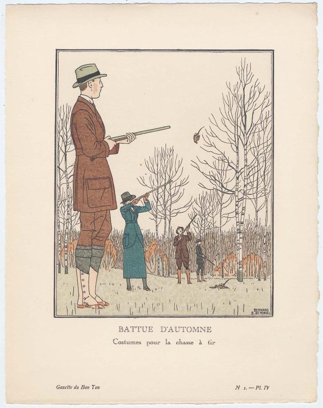 "Battue d'Autumne - Costumes pour la chasse à tir," plate IV from Gazette du Bon Ton, Volume 1, No. 1