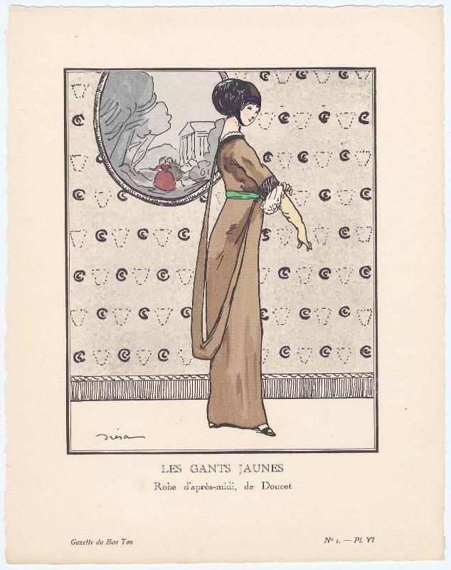 "Les Gants Jaunes - Robe d'après-midi, de Doucet," plate VI from Gazette du Bon Ton, Volume 1, No. 1
