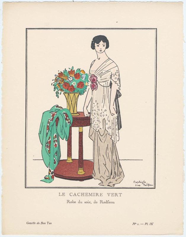 "Le Cachemire Vert - Robe du soir, de Redfern," plate IX from Gazette du Bon Ton, Volume, 1, No. 1