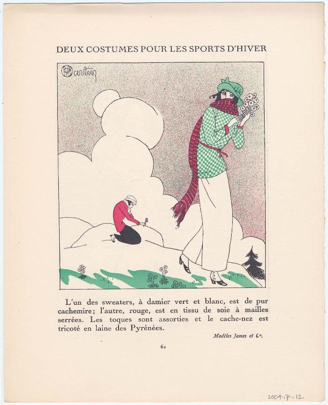 "Deux Costumes pour les Sports d'Hiver," advertisement from Gazette du Bon Ton, Volume 1, No. 2, p. 61
