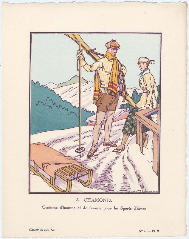 "A Chamonix - Costume d'homme et de femme pour les Sports d'hiver," plate II from Gazette du Bon Ton, Volume 1, No. 2