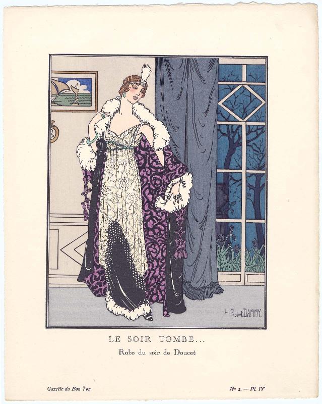 "Le Soir Tombe... - Robe du soir de Doucet," plate IV from Gazette du Bon Ton, Volume 1, No. 2