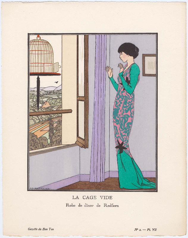 "La Cage Vide - Robe de dîner de Redfern," plate VII from Gazette du Bon Ton, Volume 1, No. 2
