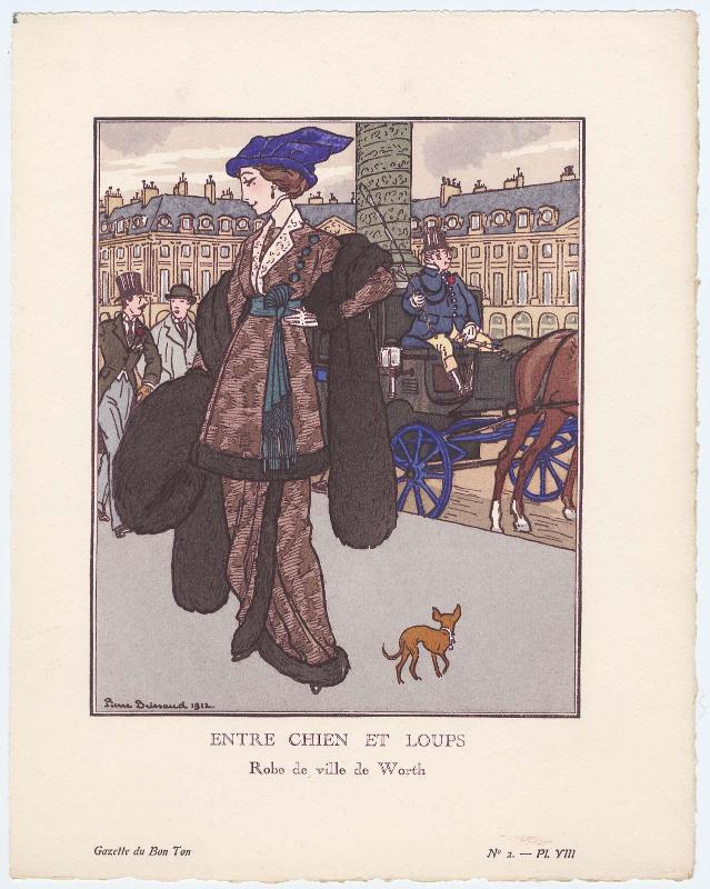 "Entre Chien et Loups - Robe de ville de Worth," plate VIII from Gazette du Bon Ton, Volume 1, No. 2